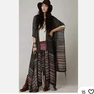 New Free People Latitude 30 Wrap Poncho Shawl Gray Fringe Sweater Stripe M